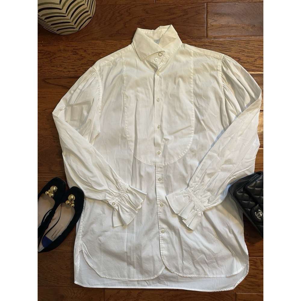 Polo Ralph Lauren Womens 10 White Tuxedo Shirt Ruffle Cuff Bib Front Poet